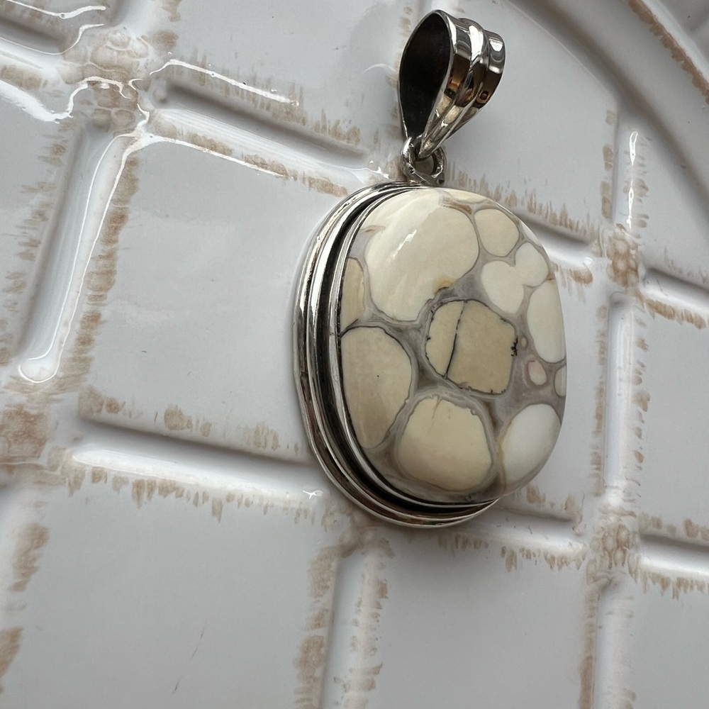 Vintage Sterling Silver Large Oval Stone Pendant Cabochon - Picture 2 of 9